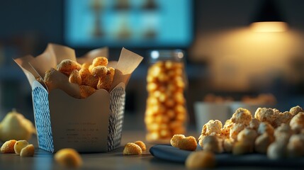 Obraz premium A cozy scene featuring popcorn in various containers, perfect for movie nights.