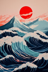 Artwork inspired by traditional Japanese prints, featuring dynamic ocean waves, snow-capped mountains, and a bold red sun in a stylized composition