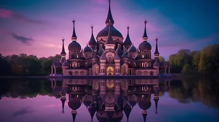 Photo sur Plexiglas A fairytale castle with spires reflected in a lake at dusk