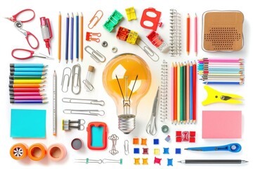 A light bulb surrounded by various school supplies on a white background, ideal for use in education or study-themed projects