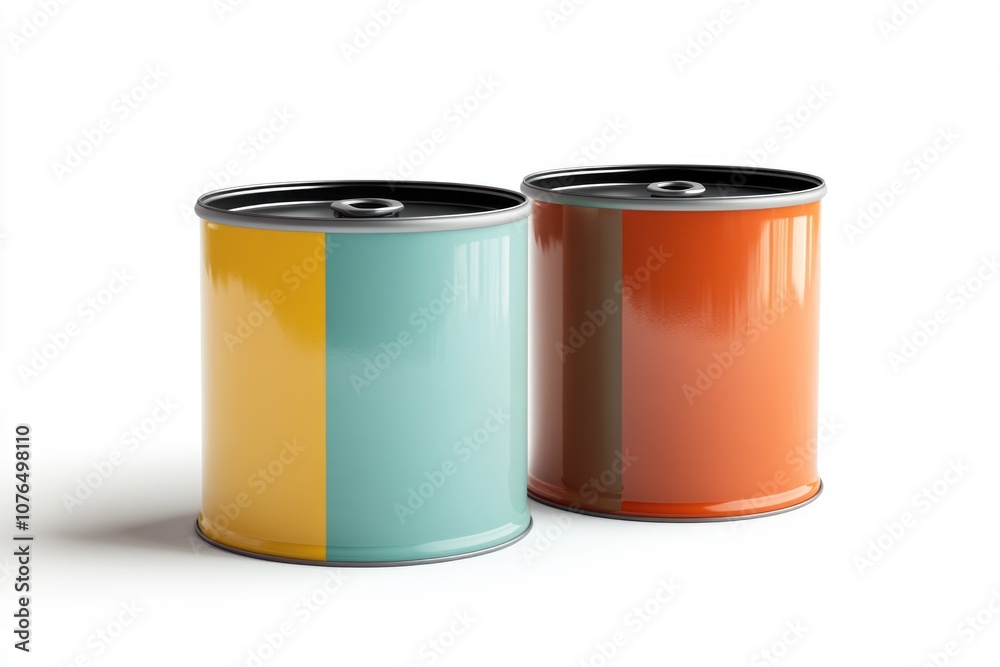 Poster two cans sit together on a flat surface, with some empty space around them