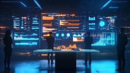 Virtual Project Management Hub with Glowing Dashboards and Timelines for Remote Team