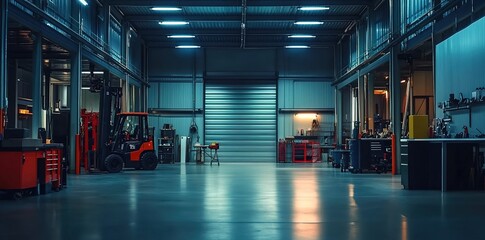 Naklejka premium A wide-angle shot of an empty modern garage with high ceilings, illuminated by bright lighting.