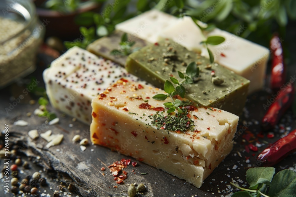 Poster A selection of different soap types on a table, great for commercial or personal use