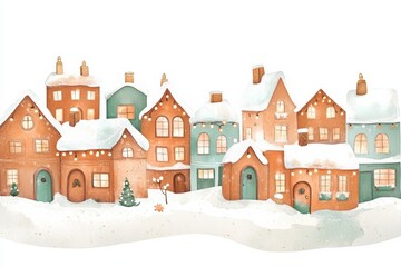 A Christmas village clipart, festive decoration element, miniature houses with lights and snow, isolated on white background