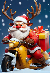 A stern-looking Santa Claus is driving his motorcycle to deliver presents.
