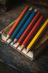 A stack of colorful pencils placed on top of an open book, ready for creative use
