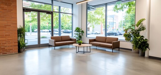 Modern office lobby with two brown leather sofas, a coffee table, and large windows overlooking a city street.