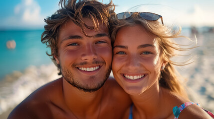 Obraz premium Beautiful young couple smiling on a summer day at the beach