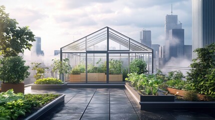a modern rooftop greenhouse with an urban style, panoramic city view