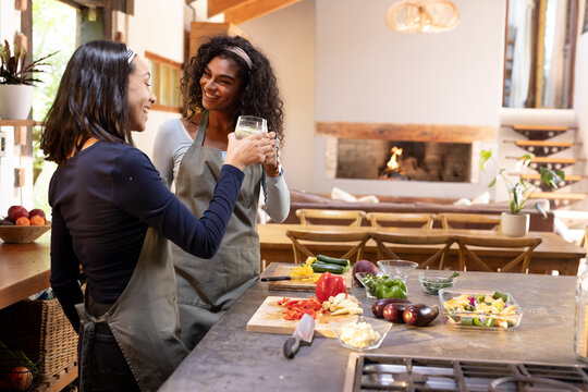 Two multiracial female friends toasting drinks while preparing thanksgiving meal, at home