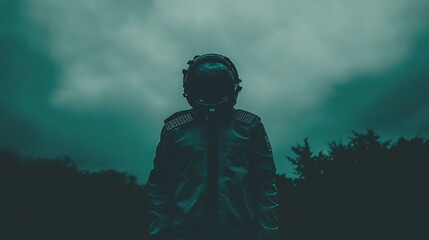 An Astronaut in a Green Suit Under a Cloudy Sky