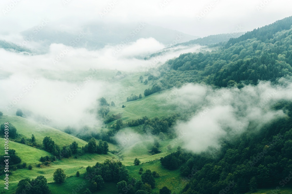 Poster serene valley scene with towering trees and fluffy clouds