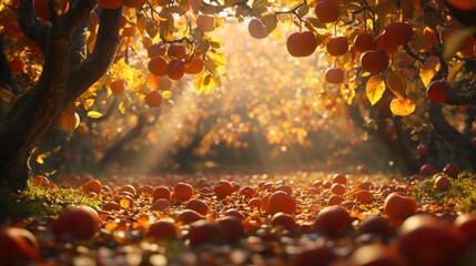 A tranquil autumn orchard filled with fallen apples, surrounded by vibrant foliage and warm sunlight during harvest season