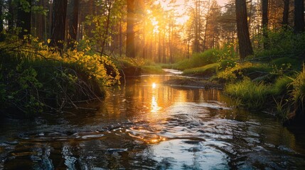 Fototapeta premium A serene stream flowing through a dense forest surrounded by tall trees