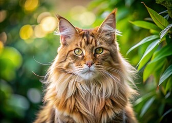 Fototapeta premium Majestic Maine Coon Cat Resting Gracefully with Lush Fur and Expressive Eyes, Perfect for Pet Lovers and Feline Enthusiasts, Room for Text on the Right Side
