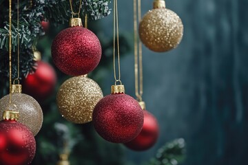 A bunch of red and gold ornaments hang from a Christmas tree