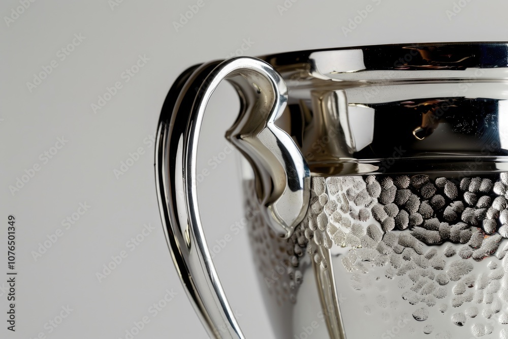 Poster A silver cup with a handle on a table, perfect for serving or displaying