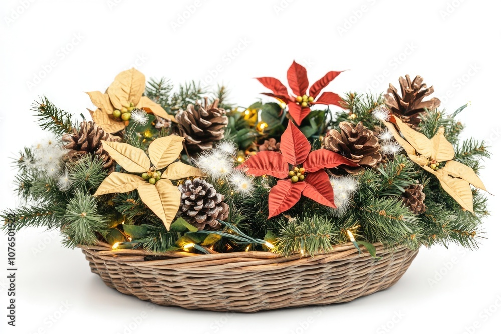 Poster fresh pine cones and colorful poinsettias arranged in a wicker basket