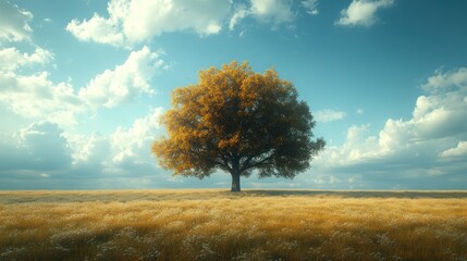 Obraz premium A solitary tree in a golden field under a blue sky with clouds.