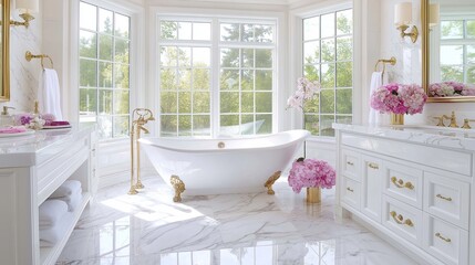 White Marble Bathroom with Brass Fixtures and a Freestanding Tub