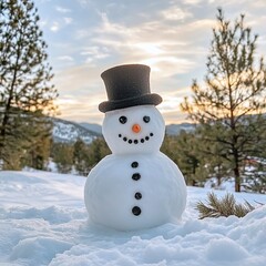 Obraz premium a snowman with a top hat, on a snowy hill with pine trees.