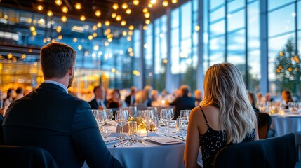 Elegant Evening Gala with Guests in Modern Glass Banquet Hall Setting