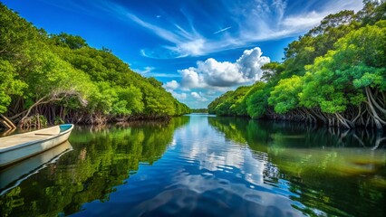 Obraz premium Majestic View of Mangrove Forest from a Boat in Juan Venado Island Nature Reserve, Nicaragua - Serene Waters and Lush Greenery Captured in a Perfect Moment of Natural Beauty