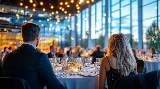 Elegant Evening Gala with Guests in Modern Glass Banquet Hall Setting