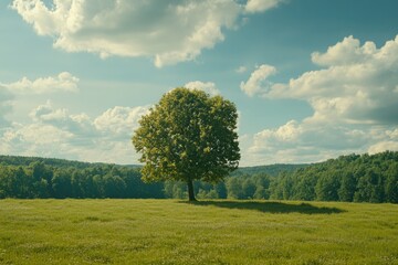 Obraz premium A single tree standing alone in a grassy field with trees in the background