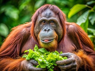Fototapeta premium Male Orangutan Enjoying Enrichment Activity with Fresh Lettuce in a Lush Habitat, Showcasing Natural Behavior and Conservation Efforts in Wildlife Photography