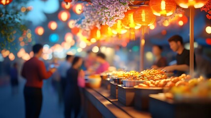 Vibrant Evening Market Scene with Street Food and Festive Lanterns