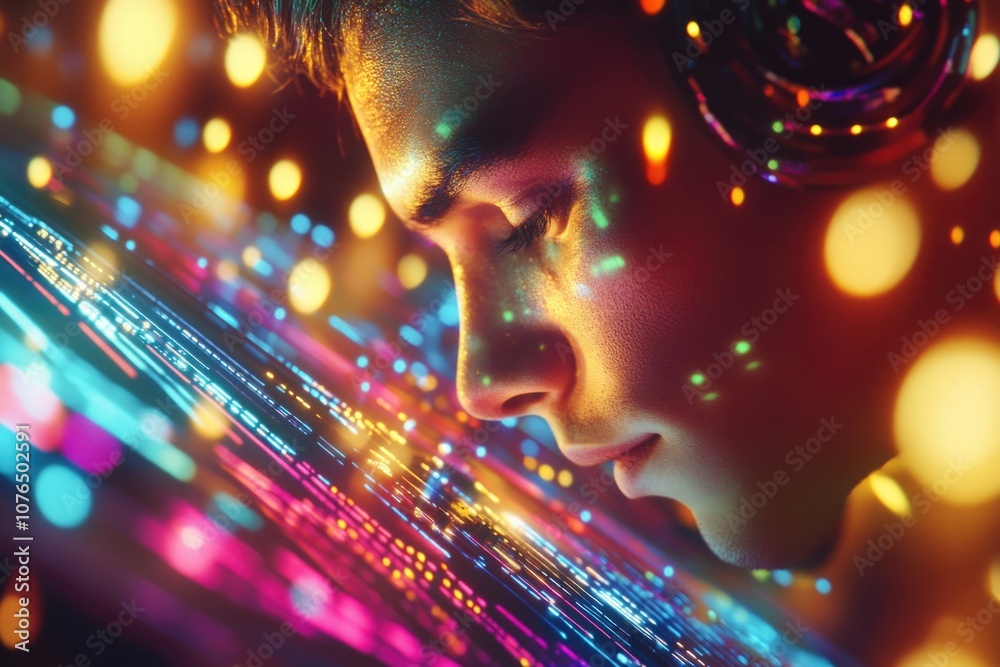 Wall mural a person focused on their computer screen with colorful lights in the background