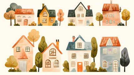 Watercolor Illustration of Cute Houses with Trees for Home Decor and Design