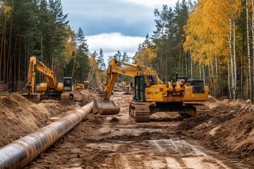 Pipe-laying crane. Installation and construction of the gas pipeline.