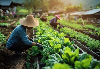 Naklejka premium The gardener tends the garden with fresh vegetables creating a healthy and organic atmosphere on a sunny day
