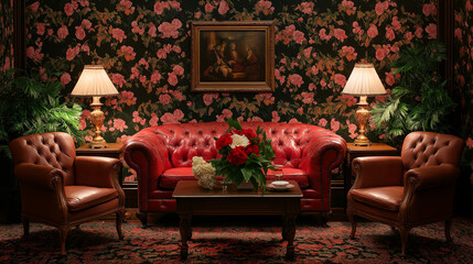 Fototapeta premium Victorian-Style Sitting Room with Floral Wallpaper and Chesterfield Sofa