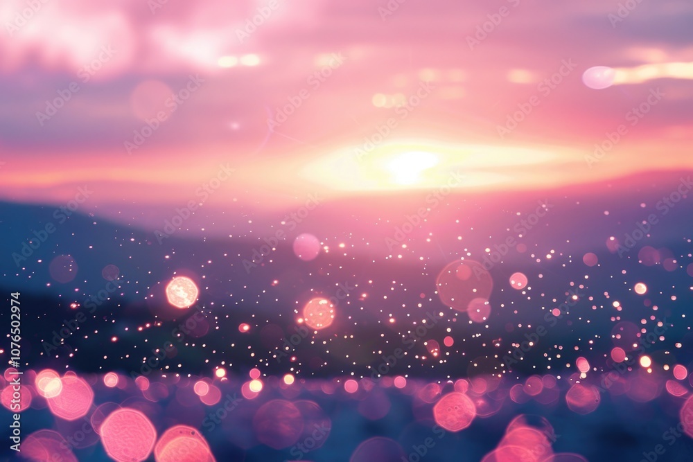 Poster A blurred image of the sun setting behind a field with rolling hills and greenery