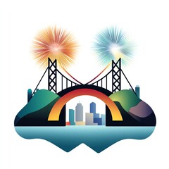 A vibrant illustration of a bridge under colorful fireworks, featuring a city skyline and wavy water, symbolizing celebration and urban beauty.