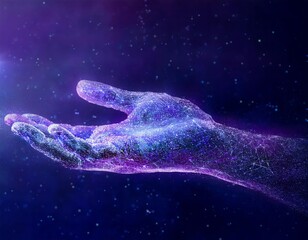 Digital hand composed of glowing dots and particles against dark blue background