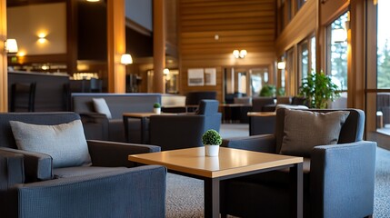 Obraz premium Spacious lobby with comfortable seating and wooden accents, perfect for relaxation.