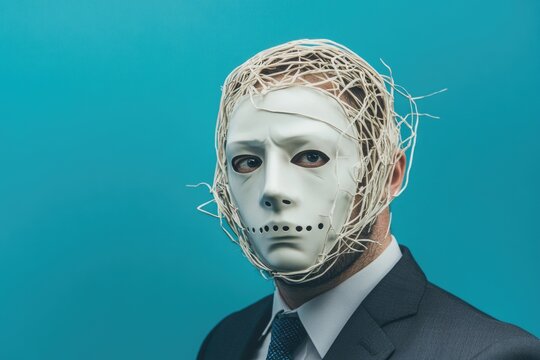 A professional man dressed in business attire wears a white mask, suitable for corporate events or formal occasions