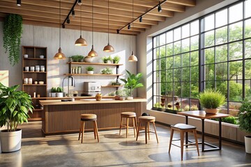 Fototapeta premium Minimalist Coffee Shop Interior with Natural Light, Simple Furniture, and Cozy Atmosphere for Product Photography, Perfect for Branding and Marketing Coffee-Related Products