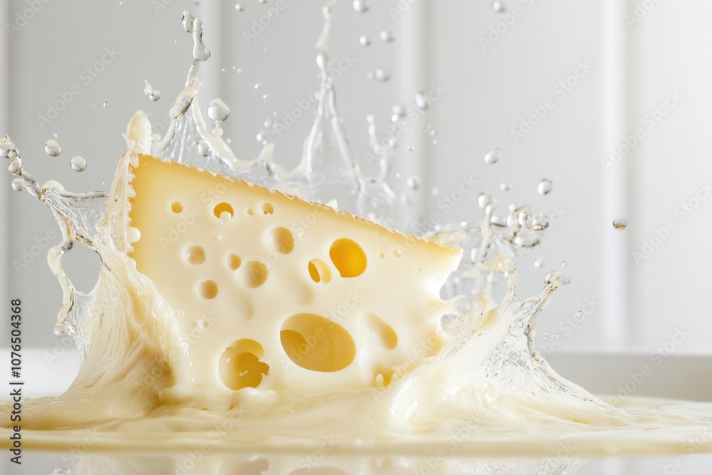 Poster a slice of cheese falling into the water with ripples and reflections