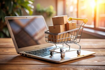 Minimalist E-commerce Concept: Mini Shopping Cart with Boxes on Laptop Keyboard, Symbolizing Online Shopping on a Wooden Surface for a Modern Retail Experience
