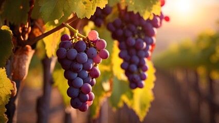 Fototapeta premium Close-up of Ripe Grapes on Vine with Sunset Bokeh in Vineyard