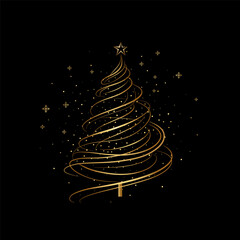 Minimalist Christmas tree made of swirling golden lines on black background, vector illustration