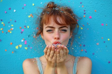 A woman celebrating with confetti in front of a blue background