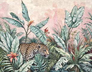 Topical plants, with a leopard in the background. Drawing, mural for walls. Design for photo wallpapers.