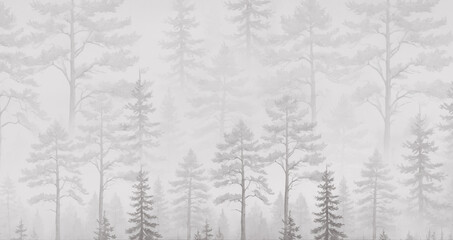 Silhouettes of trees. The forest is in a fog. A mural for the walls. Design for photo wallpapers.